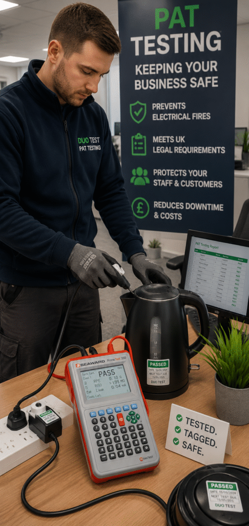 Duo Test PAT Testing Engineer Duo Test engineer carrying out PAT testing with electrical safety equipment