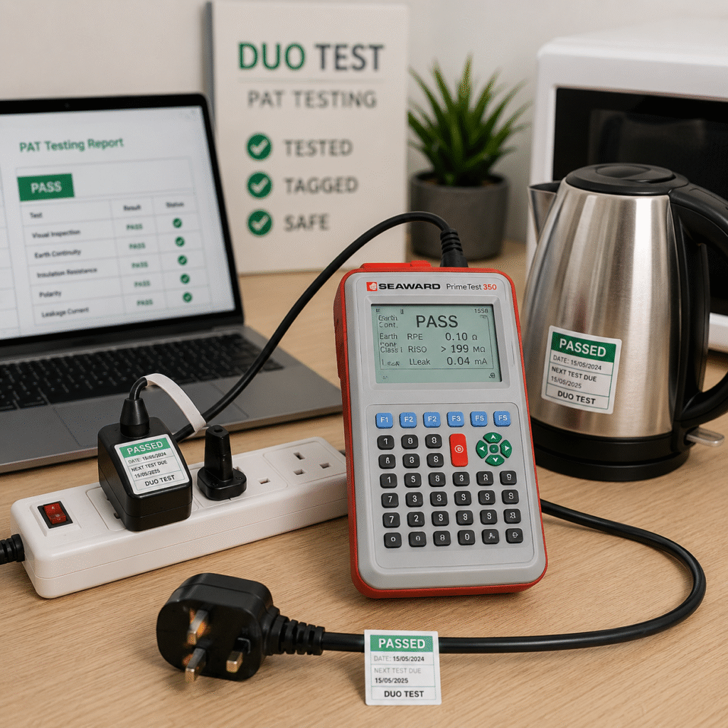 PAT Testing equipment including Seaward PrimeTest 350 tester, tested appliance labels, digital test report and electrical safety inspection setup.