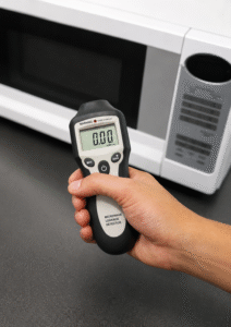 Microwave leakage detector testing microwave emissions in a kitchen