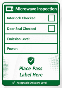 Microwave inspection label showing interlock check, door seal check and acceptable emissions level