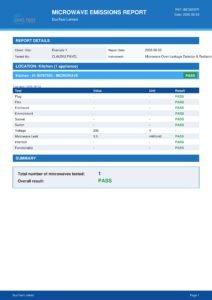 Example Microwave Emissions Test Report showing microwave leakage measurements and compliance results