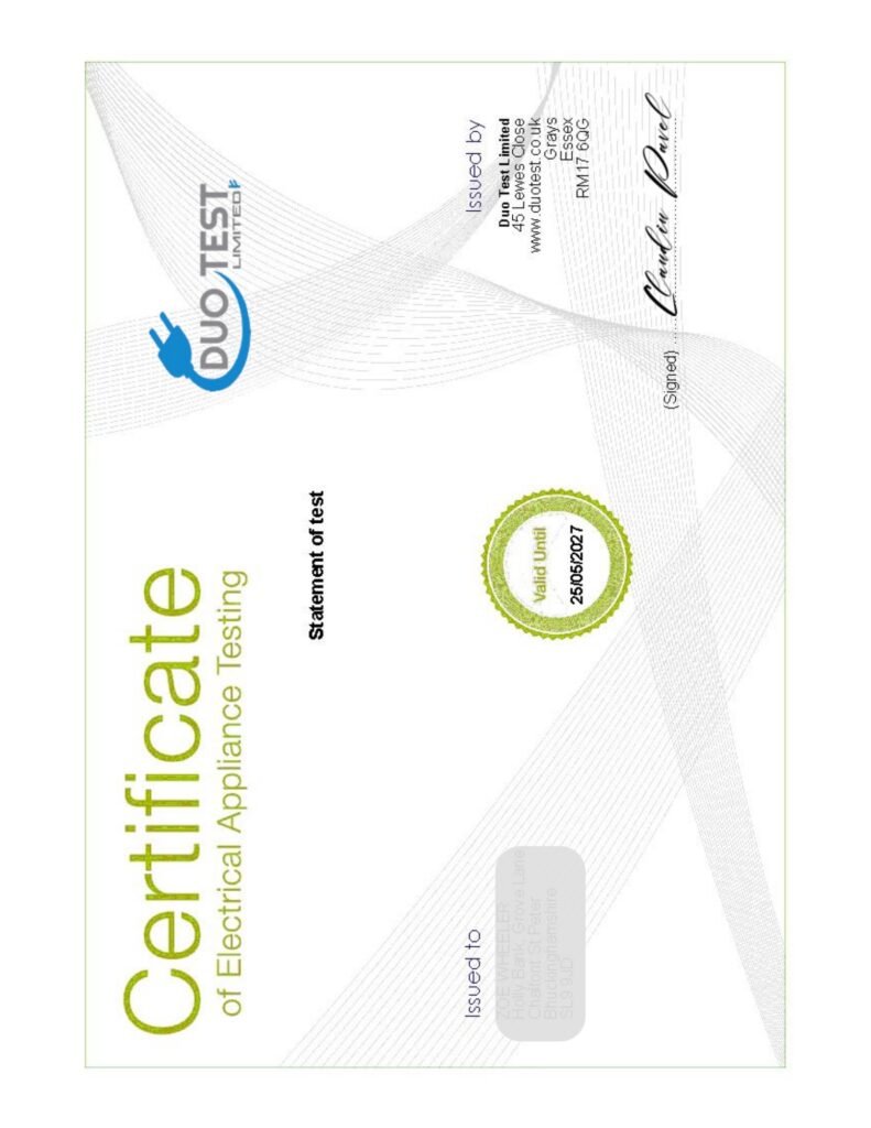 PAT Testing Certificate Example issued by Duo Test Limited
